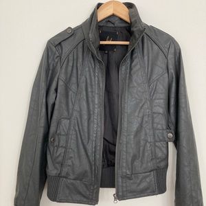 Gray Leather Jacket Zipper & Stand Up Collar
